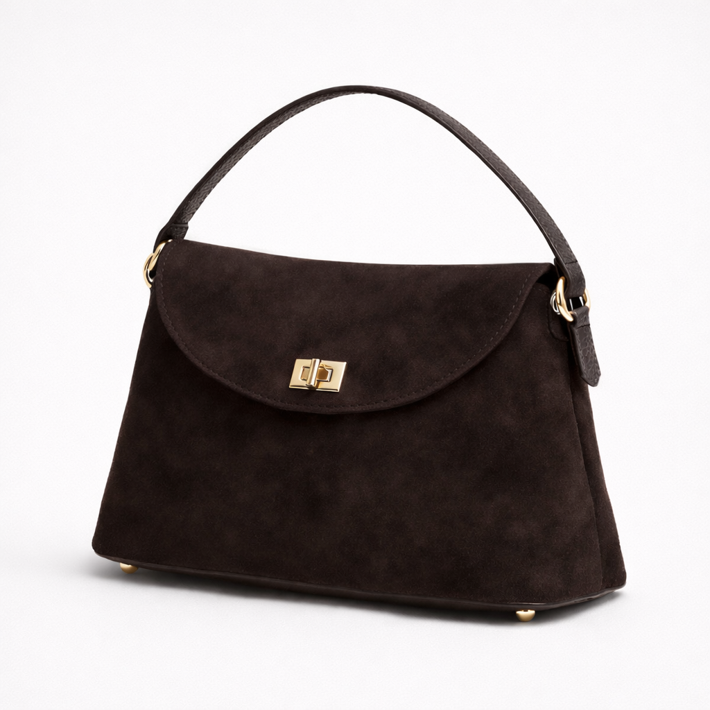 Geanta din piele intoarsa cu inchidere aurie, maro ciocolatiu