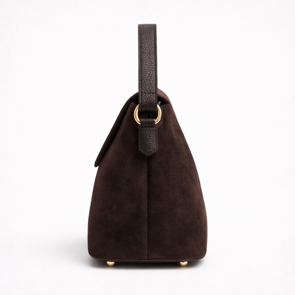 Geanta din piele intoarsa cu inchidere aurie, maro ciocolatiu